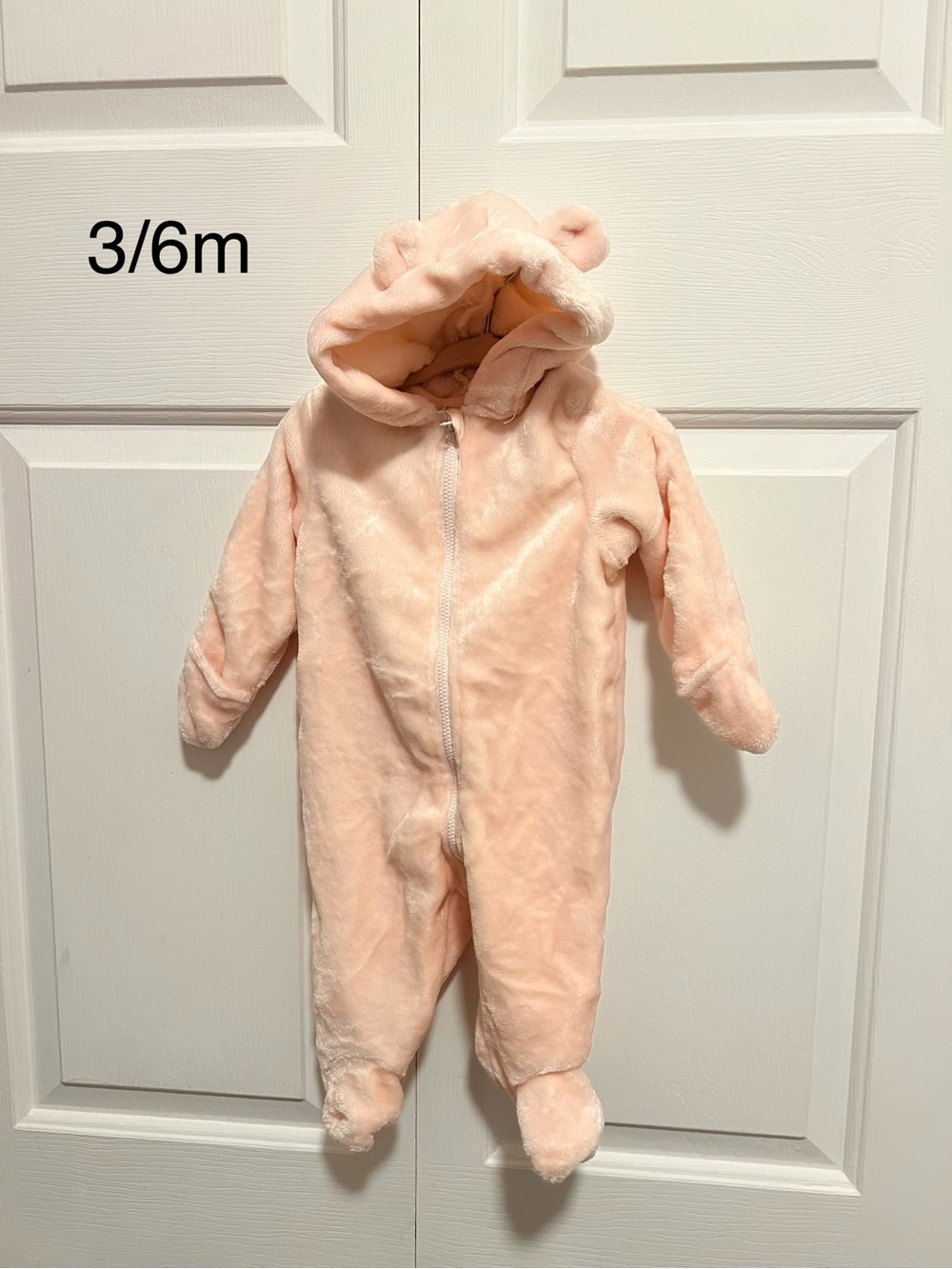 Plush Hooded Baby One-Piece Footie in Light Peach - 3/6m